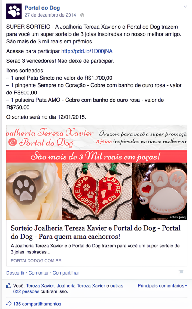 Sorteio Joalheria Tereza Xavier e Portal do Dog